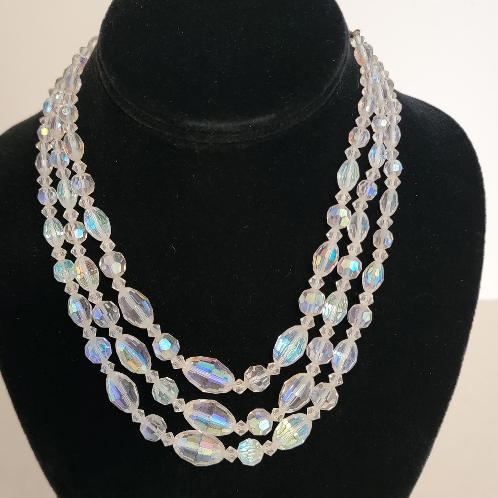 Vintage AB Glass Bead Triple Strand Necklace Aurora Borealis 12-14”